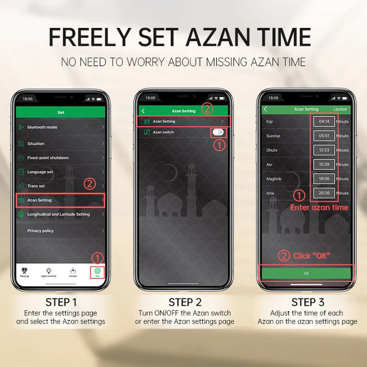 How to adjust the time of each Adhan on the Azan settings page