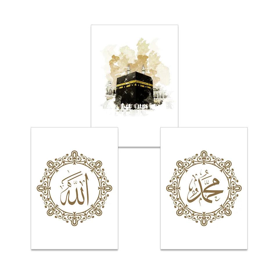 Allah, Mohamed, Kabah Trio | Minimalist Islamic Wall Art | Set of 3 Canvases