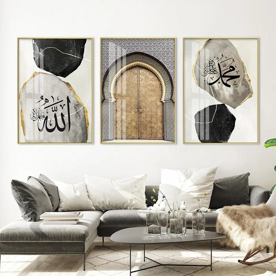 Allah, Muhammad, Gold Mosque Door | Abstract Grey Marble Trio | Set of 3 Canvases