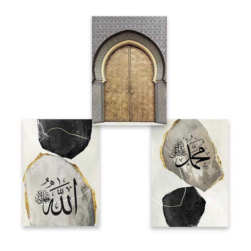 Allah, Muhammad, Gold Mosque Door | Abstract Grey Marble Trio | Set of 3 Canvases