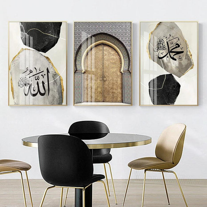 Allah, Muhammad, Gold Mosque Door | Abstract Grey Marble Trio | Set of 3 Canvases