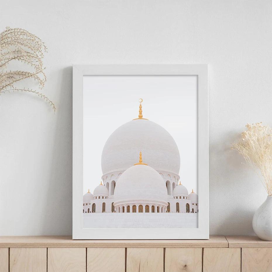 Allah, Muhammad, Mosque | Beige Modern Minimalist Islamic Wall Art | Set of 3 Canvases