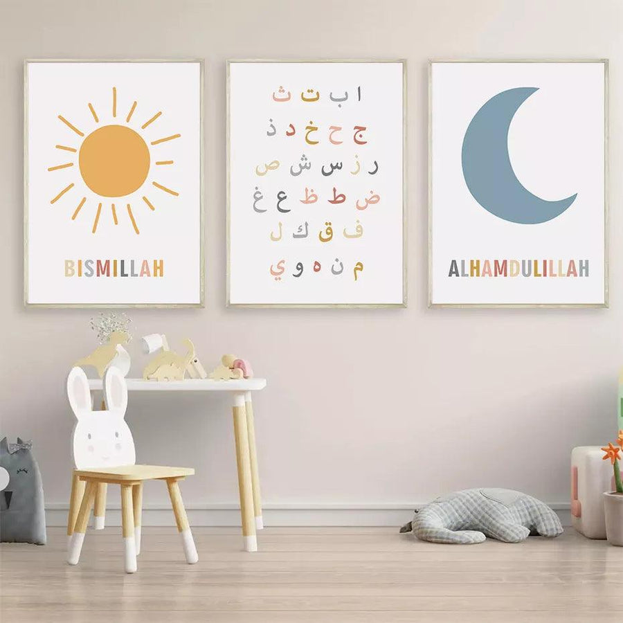 Arabic Alphabet Trio | Kids Cartoon Sun Moon | Set of 3 Canvases