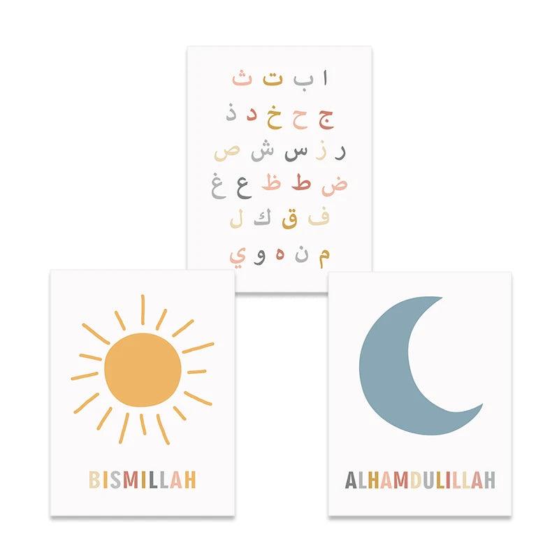 Arabic Alphabet Trio | Kids Cartoon Sun Moon | Set of 3 Canvases