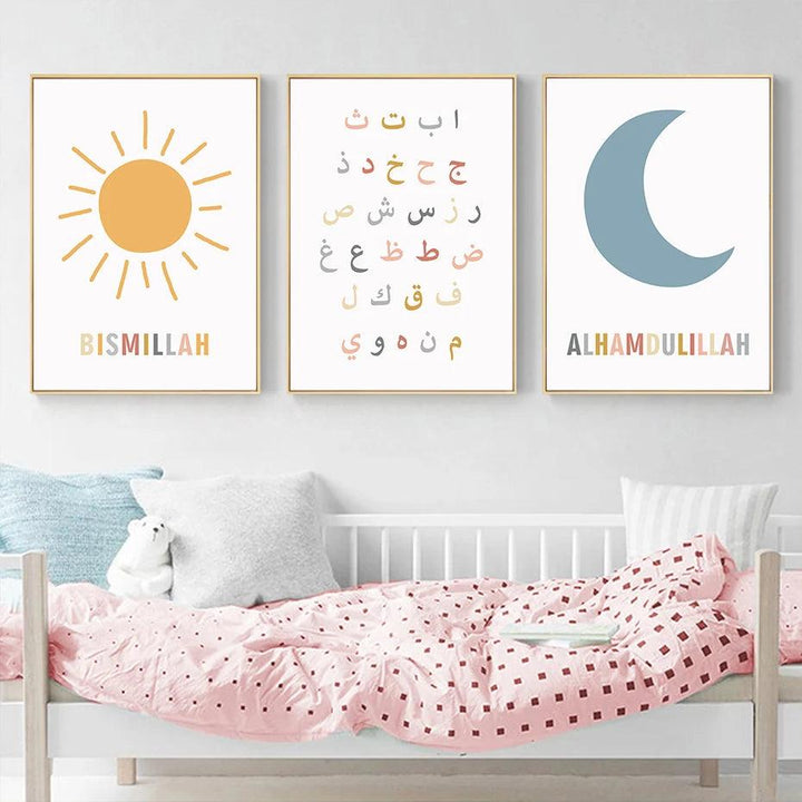 Arabic Alphabet Trio | Kids Cartoon Sun Moon | Set of 3 Canvases