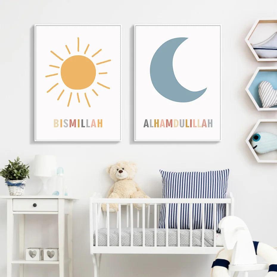 Arabic Alphabet Trio | Kids Cartoon Sun Moon | Set of 3 Canvases