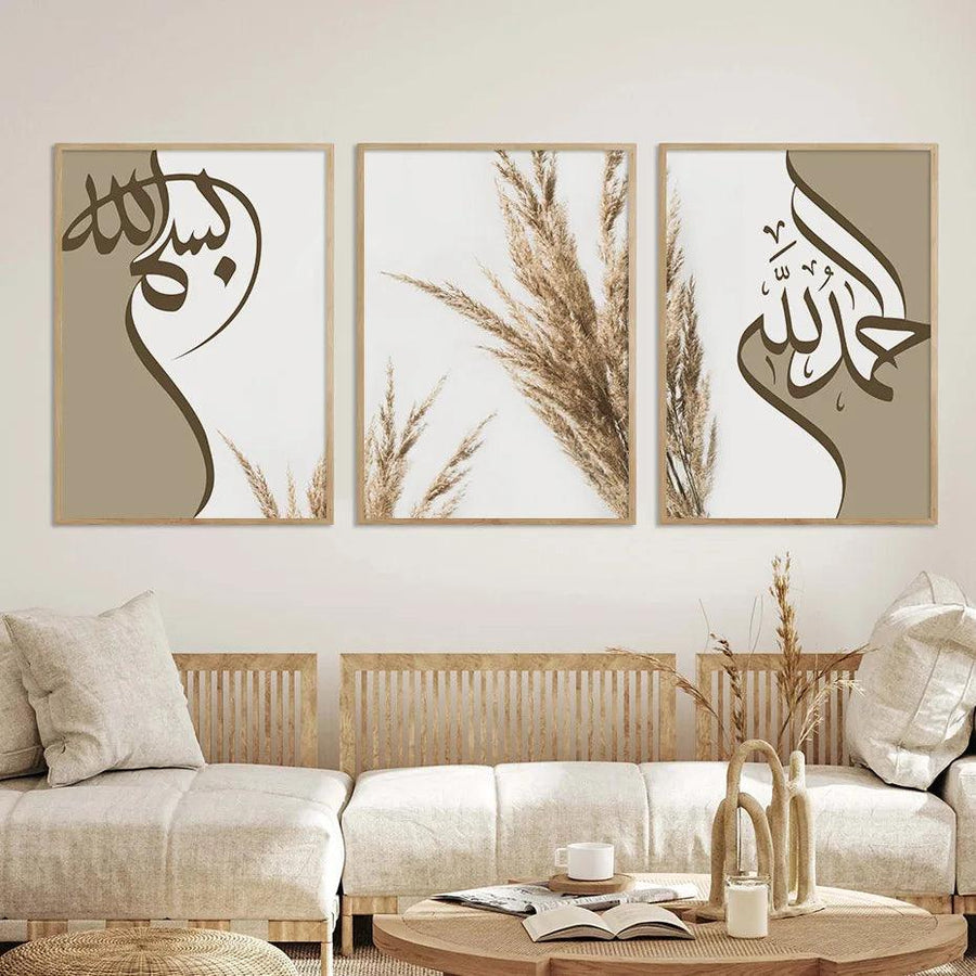 Bismillah, Alhamdulillah, Pampas Grass Trio | Abstract Calligraphy | Set of 3 Canvases