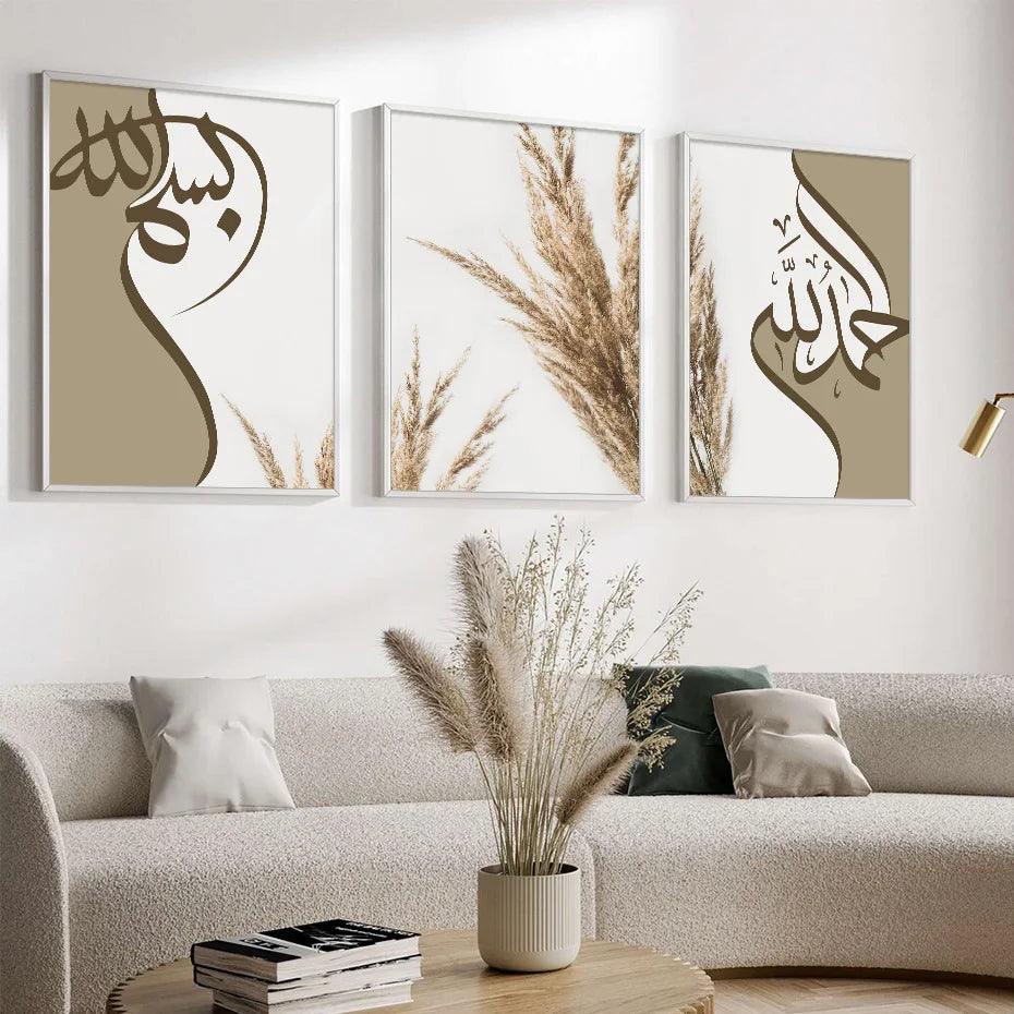 Bismillah, Alhamdulillah, Pampas Grass Trio | Abstract Calligraphy | Set of 3 Canvases