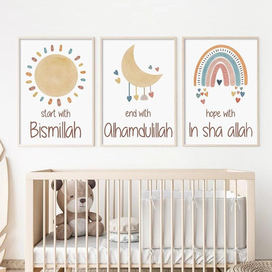 Bismillah, In Sha Allah, Alhamdulillah Trio | Kids Cartoon Nursery Art | Set of 3 Canvases