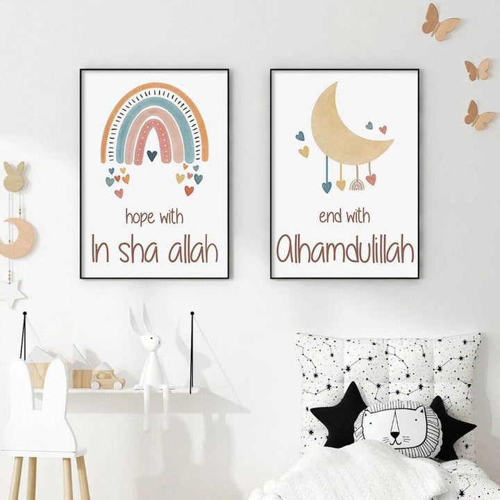 Bismillah, In Sha Allah, Alhamdulillah Trio | Kids Cartoon Nursery Art | Set of 3 Canvases