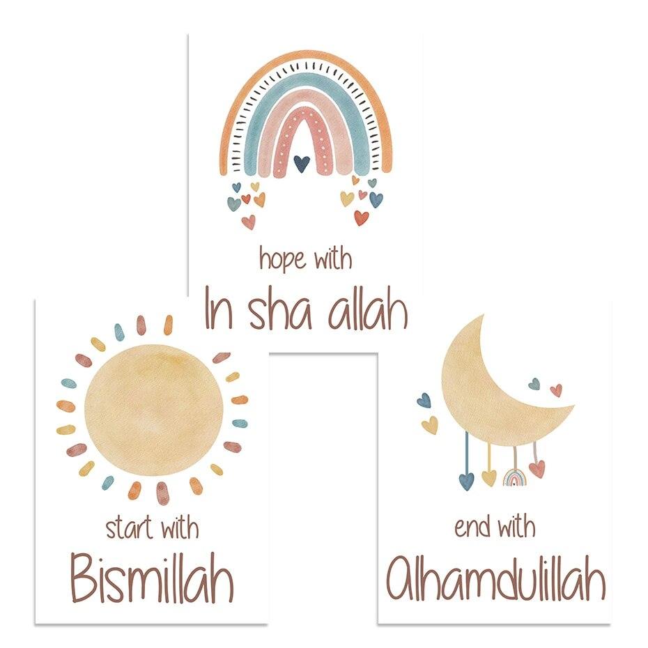 Bismillah, In Sha Allah, Alhamdulillah Trio | Kids Cartoon Nursery Art | Set of 3 Canvases