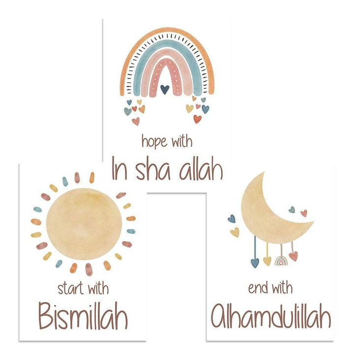 Bismillah, In Sha Allah, Alhamdulillah Trio | Kids Cartoon Nursery Art | Set of 3 Canvases