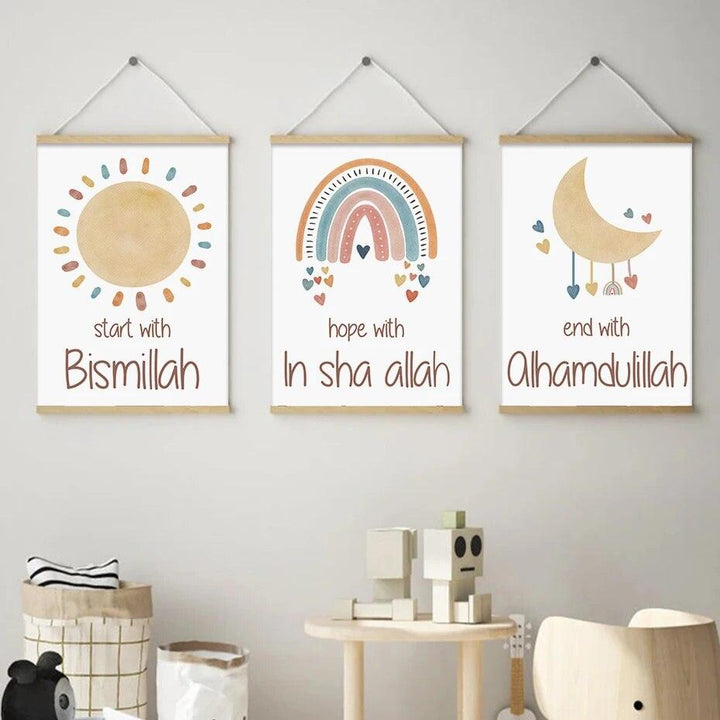 Bismillah, In Sha Allah, Alhamdulillah Trio | Kids Cartoon Nursery Art | Set of 3 Canvases