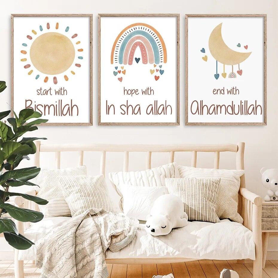 Bismillah, In Sha Allah, Alhamdulillah Trio | Kids Cartoon Nursery Art | Set of 3 Canvases