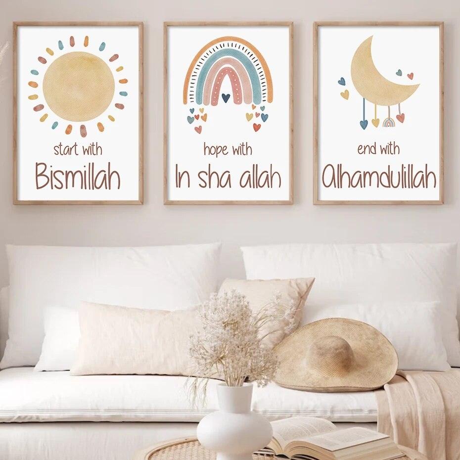 Bismillah, In Sha Allah, Alhamdulillah Trio | Kids Cartoon Nursery Art | Set of 3 Canvases