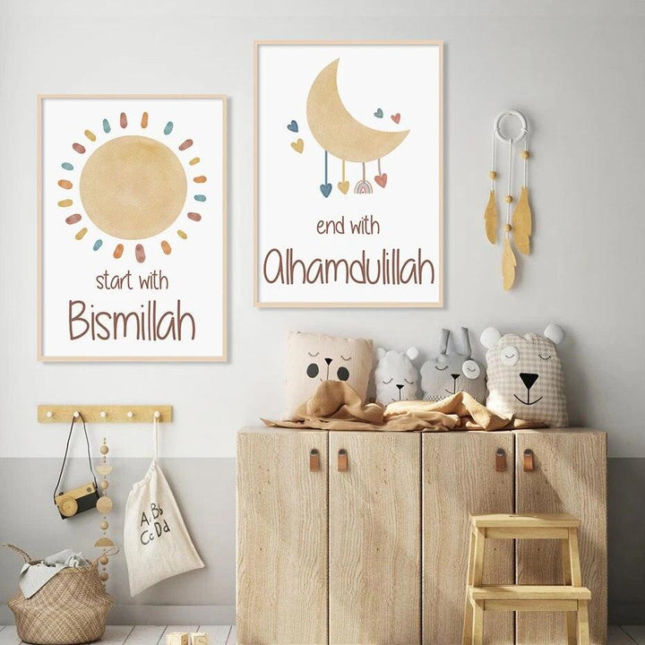 Bismillah, In Sha Allah, Alhamdulillah Trio | Kids Cartoon Nursery Art | Set of 3 Canvases