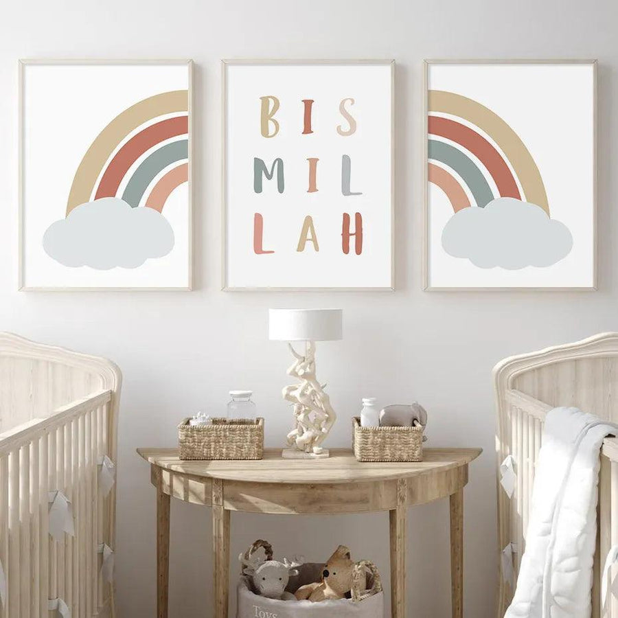 Bismillah Rainbow Cloud | Kids Nursery | Set of 3 Canvas Prints