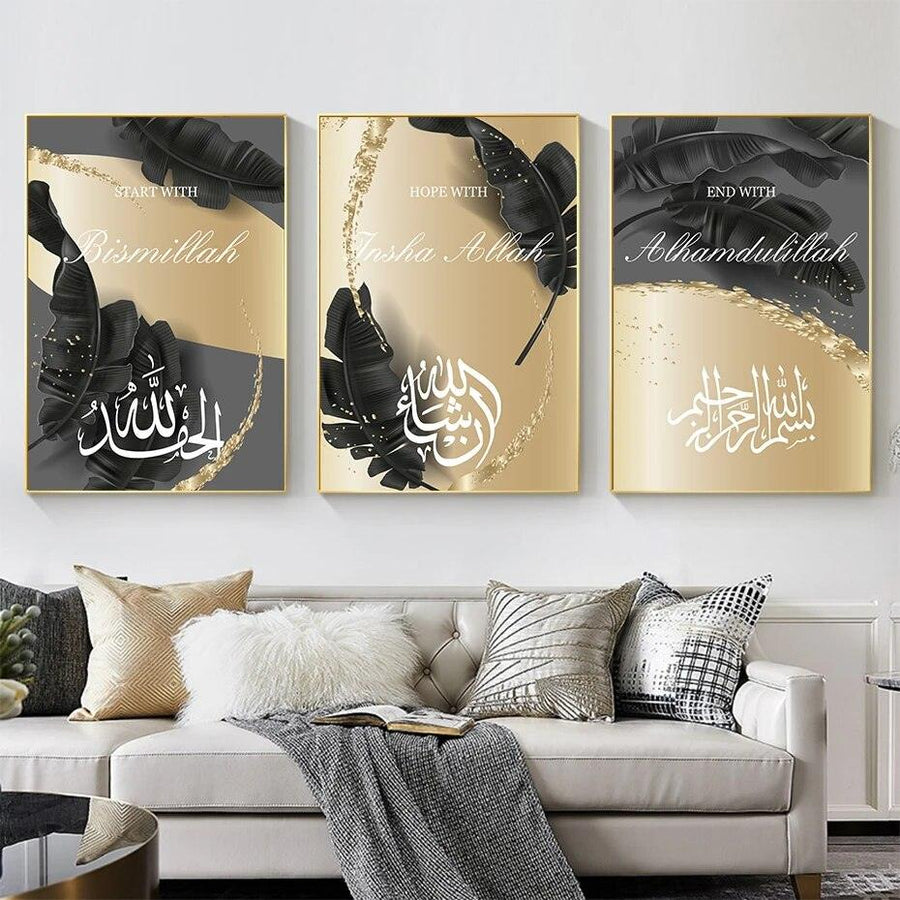 Bismillah Trio Islamic Wall Art | Black Feathers & Gold Streaks | Set of 3 Canvases