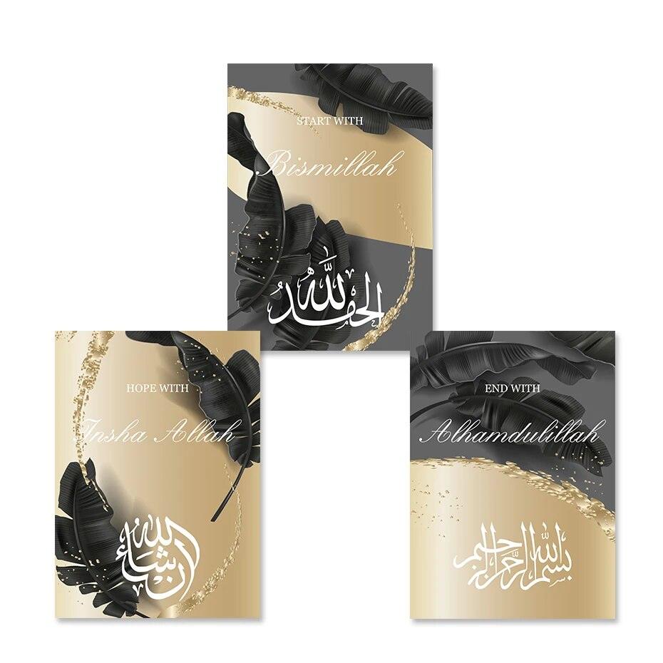 Bismillah Trio Islamic Wall Art | Black Feathers & Gold Streaks | Set of 3 Canvases