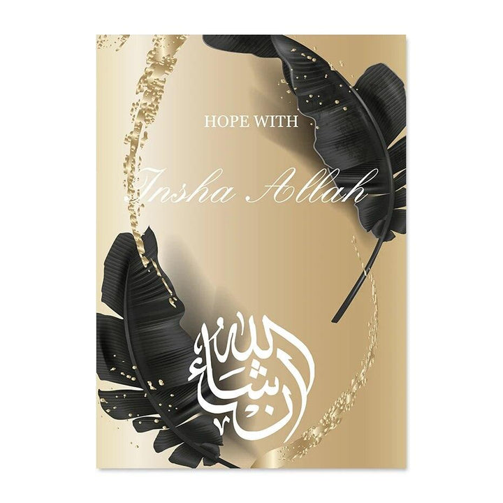 Bismillah Trio Islamic Wall Art | Black Feathers & Gold Streaks | Set of 3 Canvases