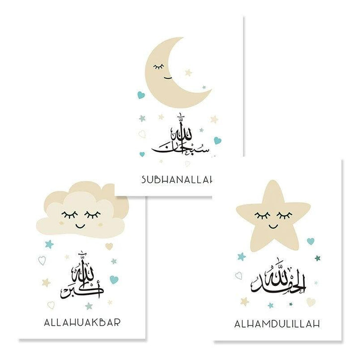 Dhikr Tasbeeh Trio | Cloud Stars Moon | Nursery Islamic Wall Art | Set of 3 Canvases