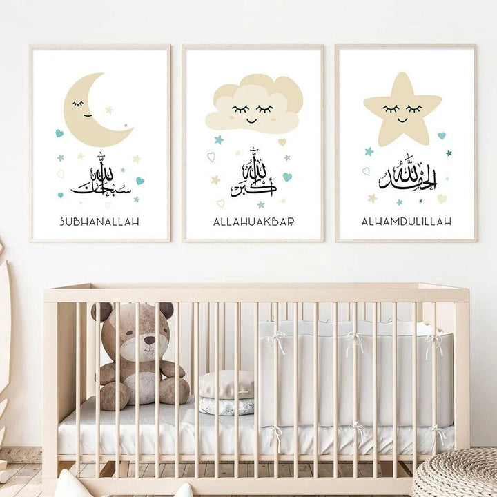 Dhikr Tasbeeh Trio | Cloud Stars Moon | Nursery Islamic Wall Art | Set of 3 Canvases