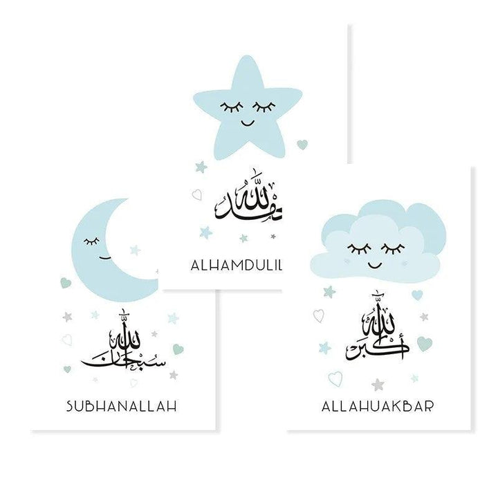 Dhikr Tasbeeh Trio | Cloud Stars Moon | Nursery Islamic Wall Art | Set of 3 Canvases