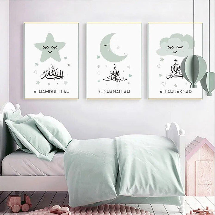 Dhikr Tasbeeh Trio | Cloud Stars Moon | Nursery Islamic Wall Art | Set of 3 Canvases