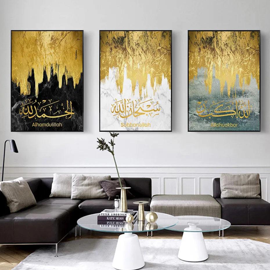 Dhikr Tasbeeh Trio | Luxury Gold Abstract Islamic Wall Art | Set of 3 Canvases