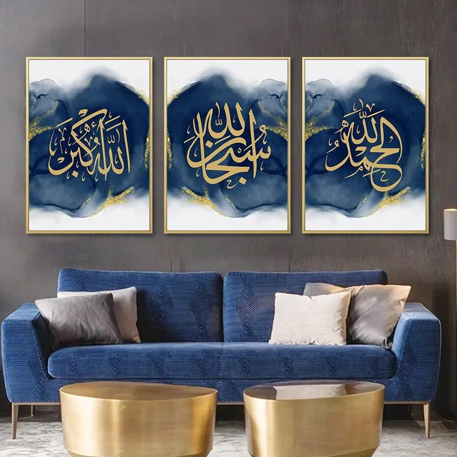 Dhikr Tasbih Trio | Blue & Gold Islamic Calligraphy Wall Art | Set of 3 Canvases