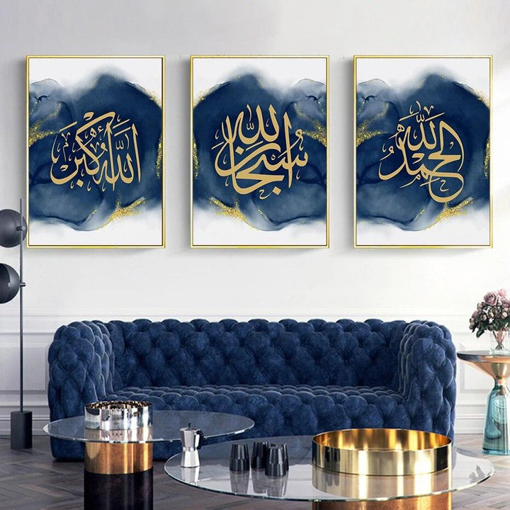 Dhikr Tasbih Trio | Blue & Gold Islamic Calligraphy Wall Art | Set of 3 Canvases