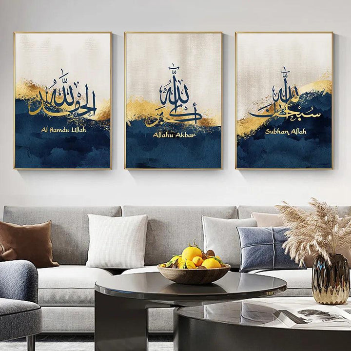 Dhikr Tasbih Trio | Gold Blue Triptych | Islamic Calligraphy Wall Art | Set of 3 Canvases