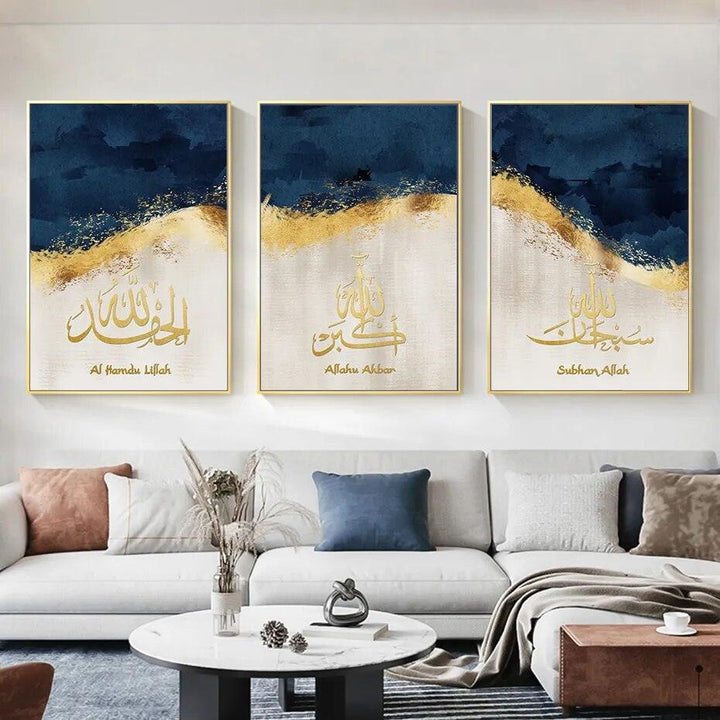 Dhikr Tasbih Trio | Gold Blue Triptych | Islamic Calligraphy Wall Art | Set of 3 Canvases