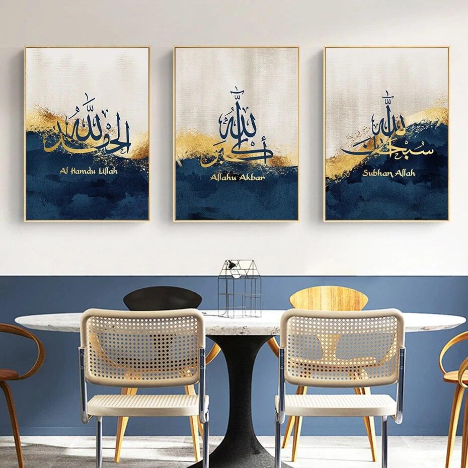 Dhikr Tasbih Trio | Gold Blue Triptych | Islamic Calligraphy Wall Art | Set of 3 Canvases