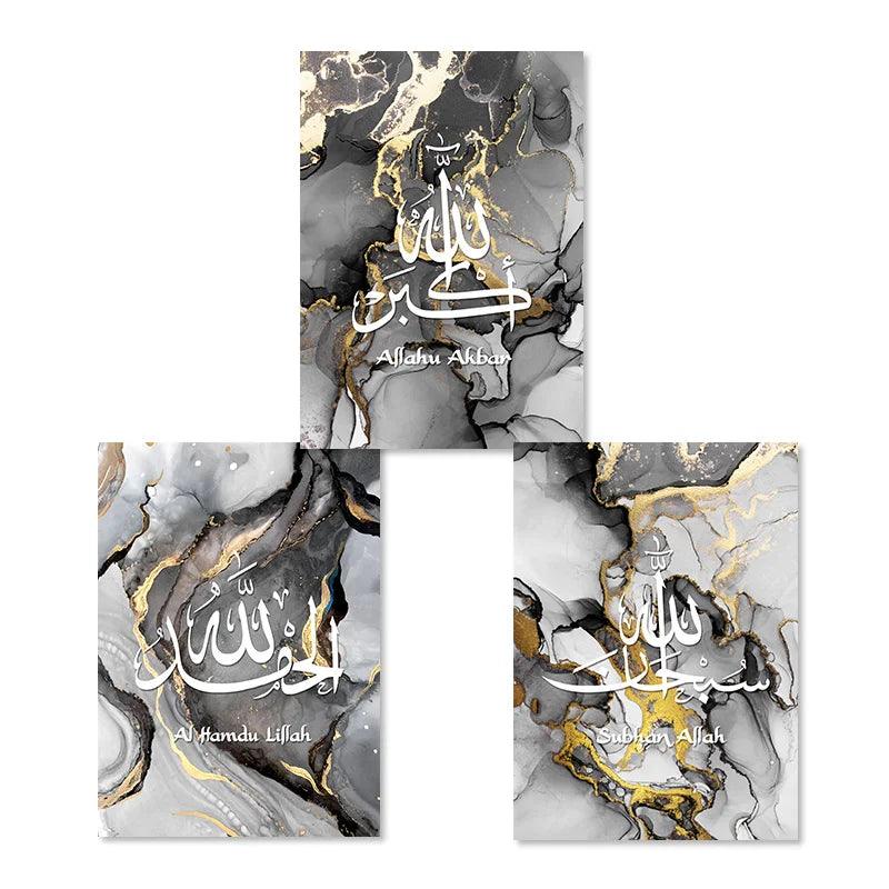 Dhikr Tasbih Trio | Grey Marble Islamic Wall Art | Set of 3 Canvases