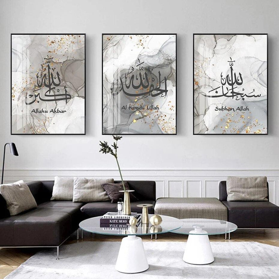 Dhikr Tasbih Trio | Grey Marble Wall Art | Islamic Calligraphy | Set of 3 Canvases