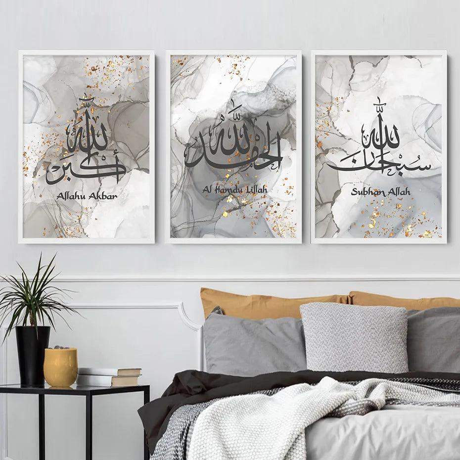 Dhikr Tasbih Trio | Grey Marble Wall Art | Islamic Calligraphy | Set of 3 Canvases