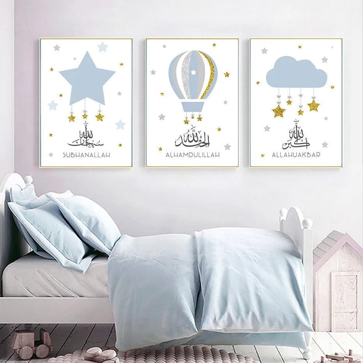 Dhikr Tasbih Trio | Stars Cloud Balloon | Nursery Islamic Wall Art | Set of 3 Canvases