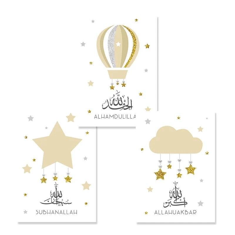 Dhikr Tasbih Trio | Stars Cloud Balloon | Nursery Islamic Wall Art | Set of 3 Canvases