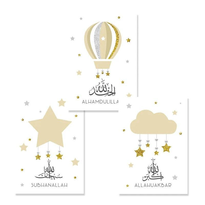 Dhikr Tasbih Trio | Stars Cloud Balloon | Nursery Islamic Wall Art | Set of 3 Canvases