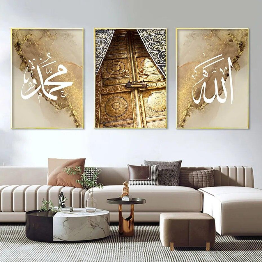 Gold Kaaba Door | Allah Muhammad | Islamic Calligraphy Wall Art | Set of 3 Canvases