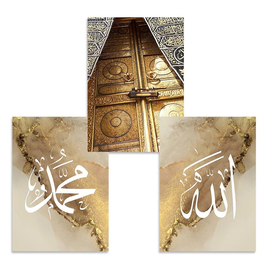 Gold Kaaba Door | Allah Muhammad | Islamic Calligraphy Wall Art | Set of 3 Canvases