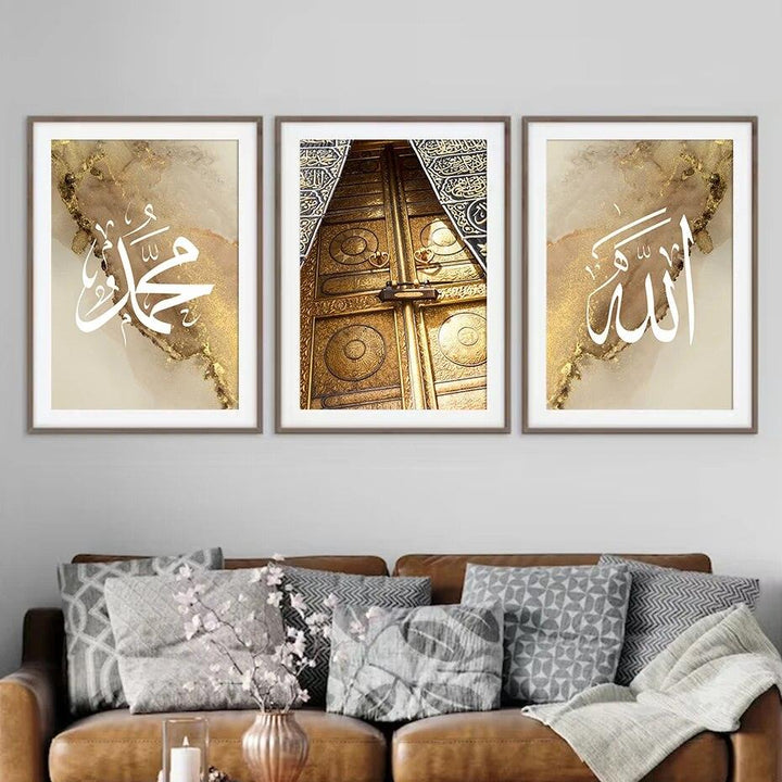 Gold Kaaba Door | Allah Muhammad | Islamic Calligraphy Wall Art | Set of 3 Canvases