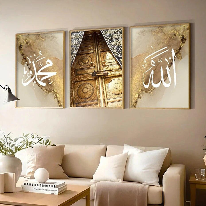 Gold Kaaba Door | Allah Muhammad | Islamic Calligraphy Wall Art | Set of 3 Canvases