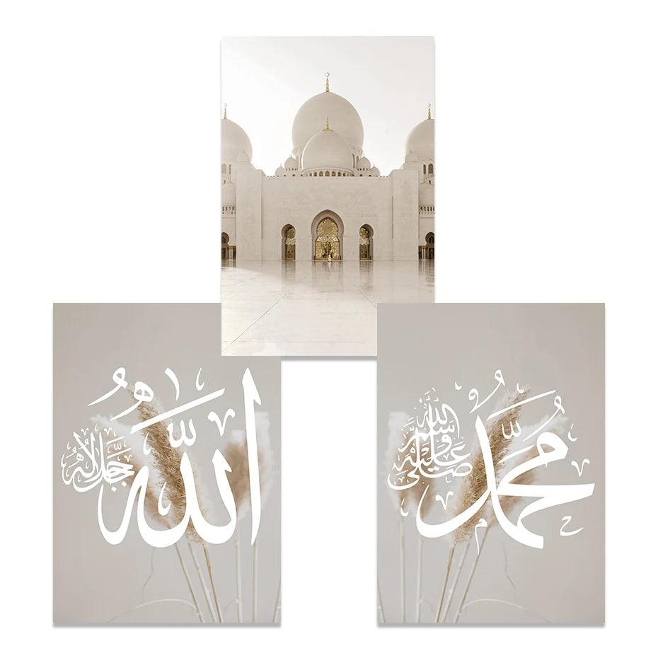 Islamic Architecture & Calligraphy Trio | Beige Pampas | Set of 3 Canvases