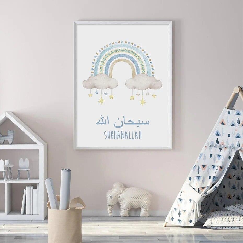 Islamic Dhikr Quartet | Kids Cartoon | Blue Nursery Decor | Set of 4 Canvases