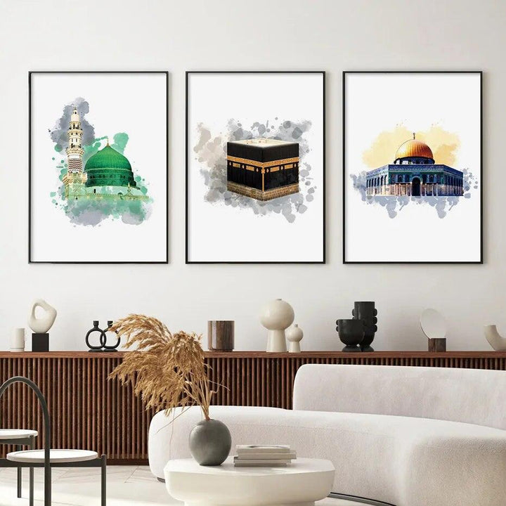 Islamic Mosque Trio | Kaabah, Masjid Al-Aqsa, Masjid Nabawi | Set of 3 Canvases