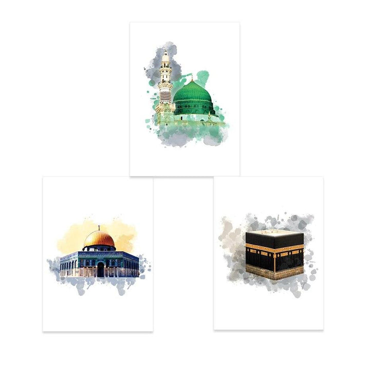 Islamic Mosque Trio | Kaabah, Masjid Al-Aqsa, Masjid Nabawi | Set of 3 Canvases