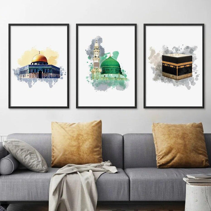 Islamic Mosque Trio | Kaabah, Masjid Al-Aqsa, Masjid Nabawi | Set of 3 Canvases