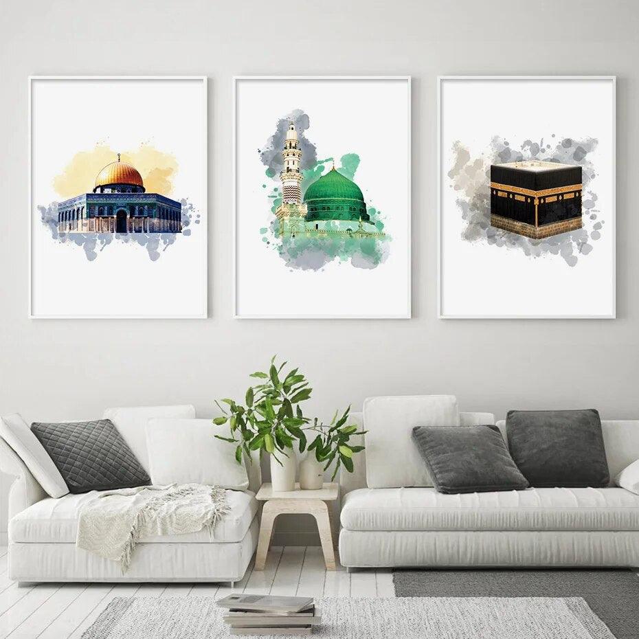 Islamic Mosque Trio | Kaabah, Masjid Al-Aqsa, Masjid Nabawi | Set of 3 Canvases